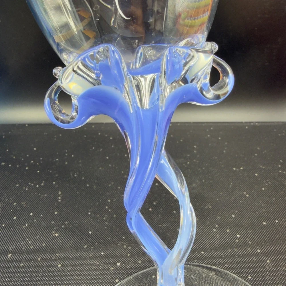 Josefina Krosno Goblet Periwinkle Blue Twisted Stem Scrolled Hand Blown‎ Glass